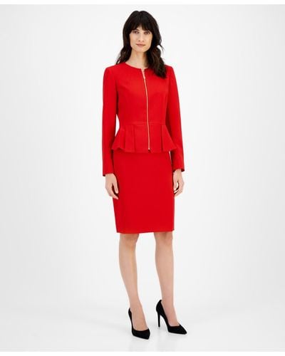 Tahari Zipper Jacket Skirt Suit - Red