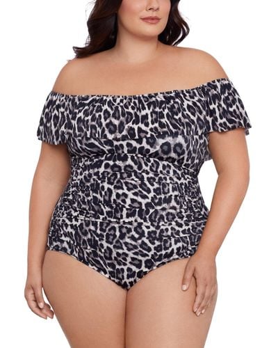 Swim Solutions Plus Size Cheetah-print Off-the-shoulder One Piece Swimsuit - Blue