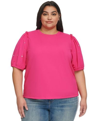 Karl Lagerfeld Plus Size Embellished Puff Sleeve Top - Pink