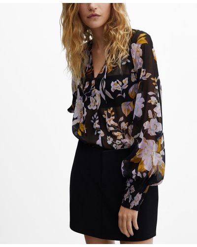 Mango Printed Puff Sleeve Blouse - Black