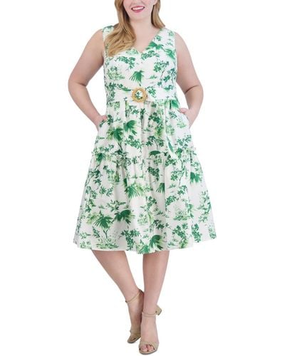 Vince Camuto Plus Size Printed Belted Cotton Midi Dress - Green