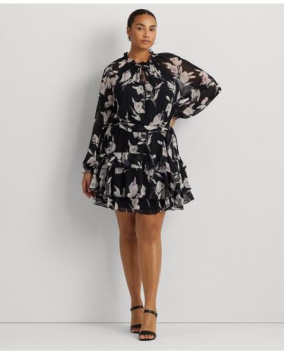 Lauren by Ralph Lauren Plus Size Floral Fit & Flare Dress - Black