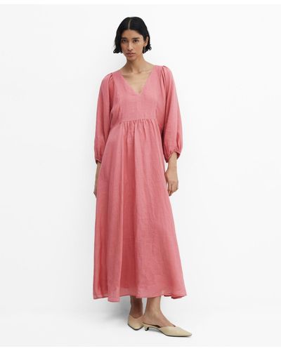 Mango Ramie Puff Sleeve Dress - Pink