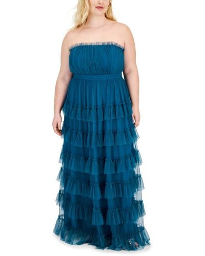 City Studios Trendy Plus Size Tiered Ruffled Mesh Ball Gown - Blue