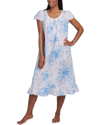 Miss Elaine Cotton Floral Ruffled Nightgown - Blue