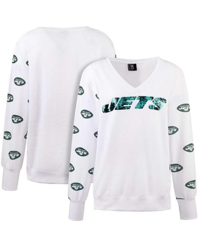 Cuce New York Jets Sequin Fleece V-neck T-shirt - White