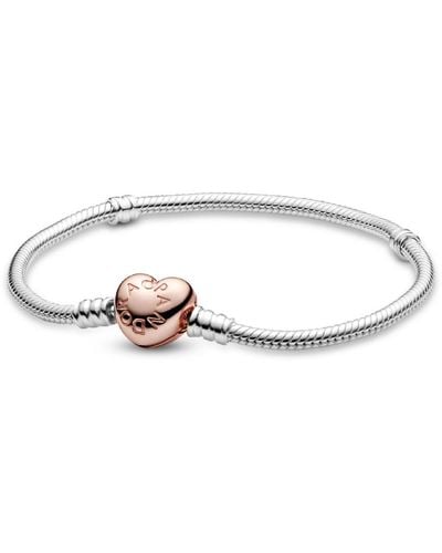 PANDORA Moments Sterling Silver And 14k Rose Gold-plated Heart Clasp Snake Chain Bracelet - White