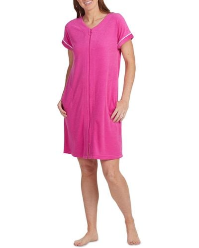 Miss Elaine Solid-color Terry Knit Short Zip Robe - Pink
