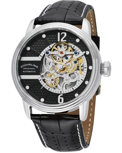Stuhrling Stainless Steel Case On Perforated Alligator Embossed Genuine Leather Strap - Gray