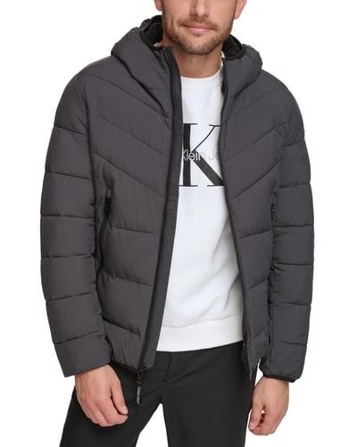 Calvin Klein Chevron Stretch Jacket With Sherpa Lined Hood - Gray