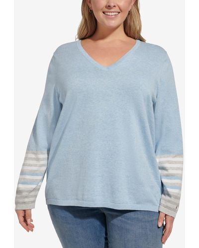 Tommy Hilfiger Plus Size Striped-sleeve Sweater - Blue