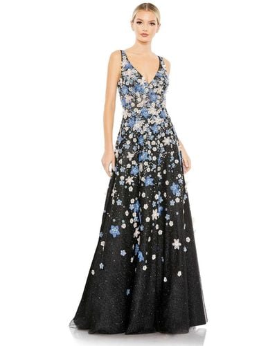 Mac Duggal Floral Applique Sleeveless A-line Evening Gown - Blue