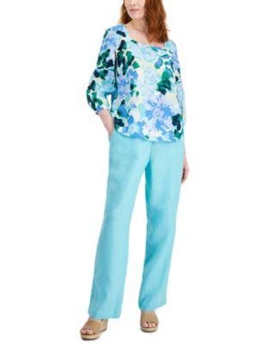 Charter Club Printed Square Neck Linen Top Matching Drawstring Waist Linen Pants Created For Macys - Blue
