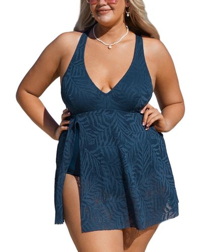 CUPSHE Emerge Crochet Cross Back Plus Size Swim Dress - Blue