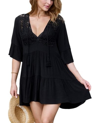 CUPSHE Half Sleeve Tassel Tie Mini Cover-up Beach Dress - Black