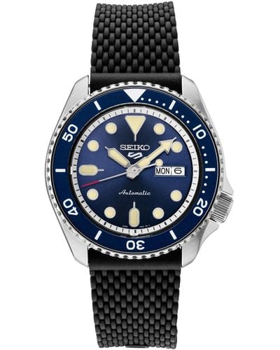 Seiko Automatic 5 Sports Black Silicone Strap Watch 43mm - Blue