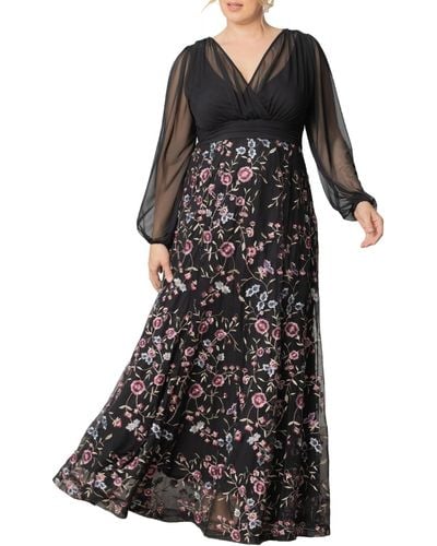 Kiyonna Plus Size Isabella Embroidered Mesh Formal Gown - Black