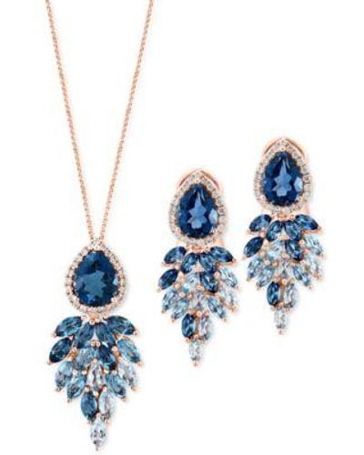 Lali Jewels London Sky Diamond Statement Earrings Pendant Necklace Collection In 14k Rose Gold - Blue
