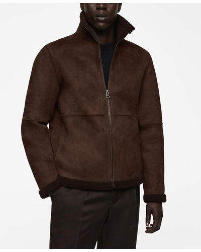 Mango Shearling-lined Leather-effect Jacket - Brown