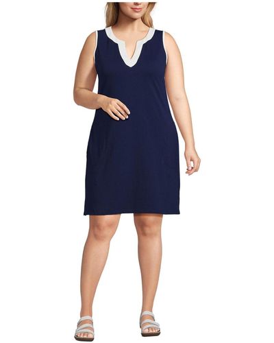 Lands' End Plus Size Cotton Jersey Sleeveless Swim Cover-up Dress Print - Blue