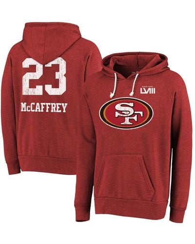 Majestic Threads Christian Mccaffrey Distressed San Francisco 49ers Super Bowl Lviii Name And Number Tri-blend Pullover Hoodie - Red