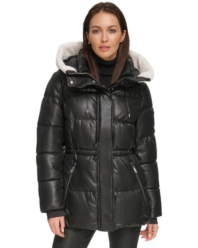 DKNY Faux-leather Faux-shearling Hooded Anorak Puffer Coat - Black