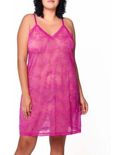iCollection Naomi Plus Size Allover Lace Sheer Lingerie Chemise - Purple