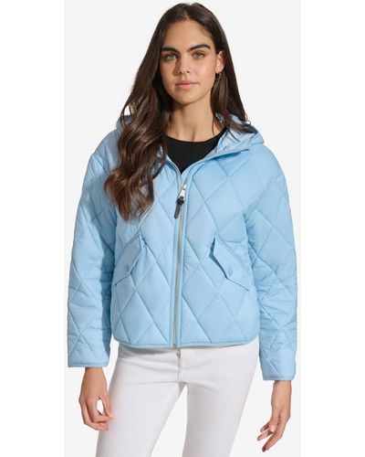 DKNY Cropped Hooded Diamond Quilted Coat - Blue