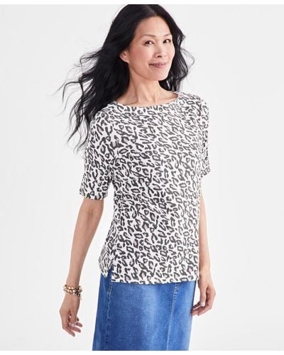 Style & Co. Printed Boat-neck Elbow-sleeve Top - White