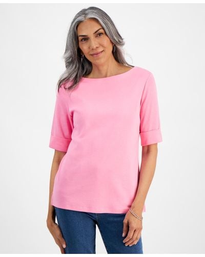 Style & Co. Boat-neck Elbow Sleeve Cotton Top - Pink