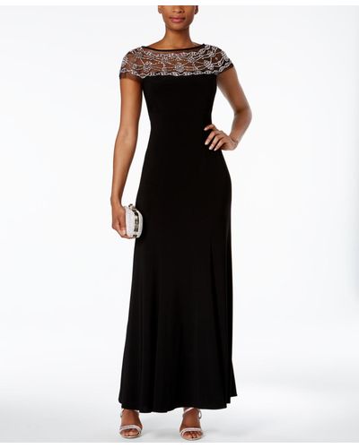 R & M Richards Illusion Beaded-trim A-line Gown - Black