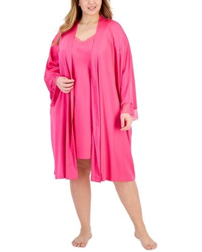 INC International Concepts Plus Size Lace-trim Stretch Satin Robe - Pink