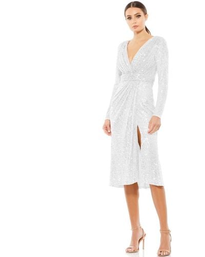 Mac Duggal Ieena Long Sleeve Sequined Midi Dress - White