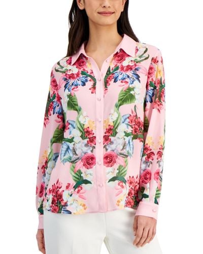 T Tahari Collared Long-sleeve Button-down Floral Top