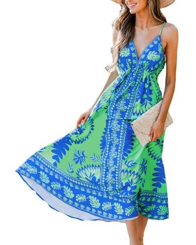 CUPSHE Tropical Plunging Sleeveless Maxi Beach Dress - Blue