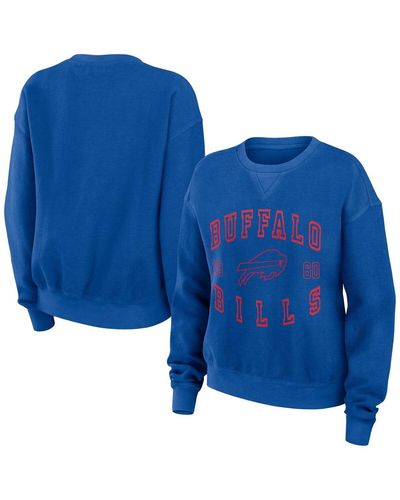 WEAR by Erin Andrews Distressed Buffalo Bills Vintage-like Rib-knit Cord Modest Crop Pullover Sweatshirt - Blue