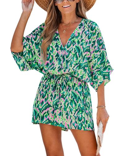 CUPSHE Abstract Print Drawstring Romper - Green