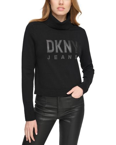 DKNY Faux-leather-logo Turtleneck Sweater - Black