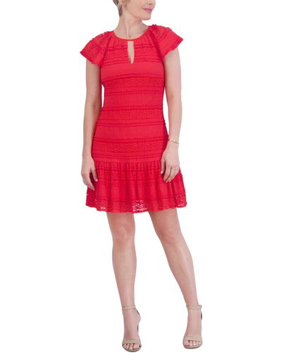 Jessica Howard Petite Round-neck Short-sleeve Lace Dress - Red