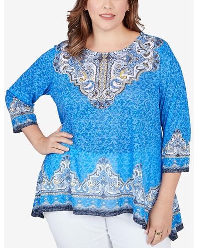 Ruby Rd. Plus Size Embellished Scoop Neck Marrakesh Border Print Sublimation Knit Top - Blue