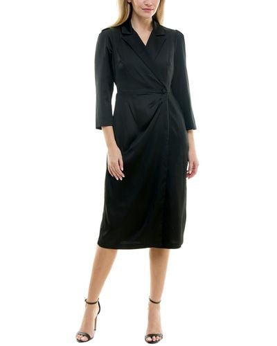 Maison Tara 3/4-sleeve Blazer Satin Wrap Dress - Black