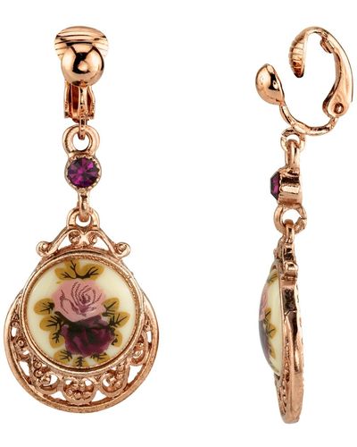 2028 Rose Gold Tone Crystal Flower Clip Drop Earrings - Purple