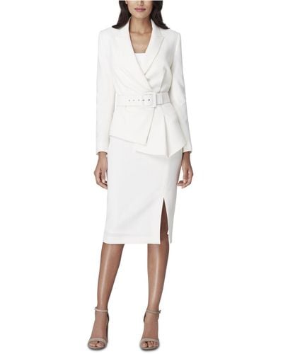 Tahari Asymmetrical Belted Skirt Suit - White