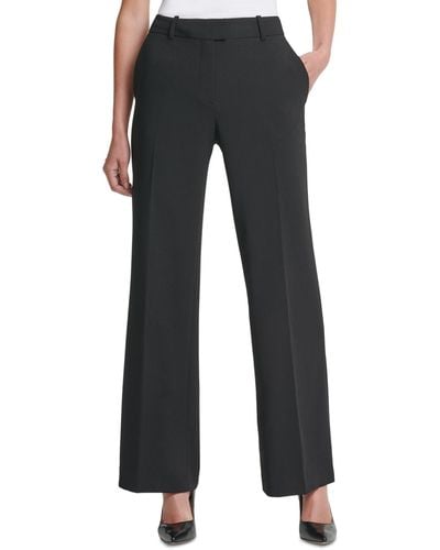 DKNY Petite Solid Fixed-waist Slant-pocket Wide-leg Pants - Black