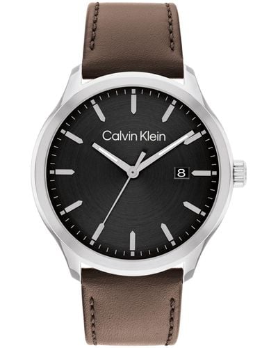Calvin Klein 3h Quartz Leather Strap Watch 43mm - Gray