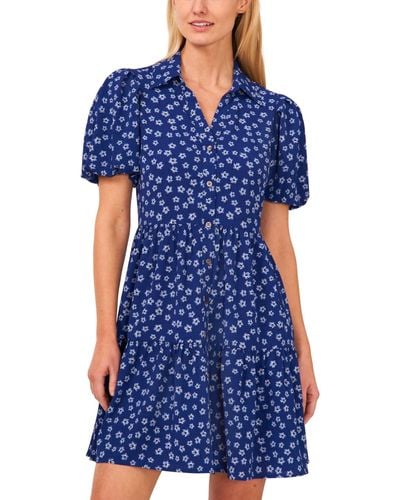 Cece Floral Print Balloon Sleeve Babydoll Shirtdress - Blue