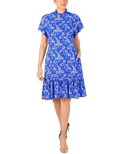 Julia Jordan Floral-print Mock-neck Ruffle Dress - Blue