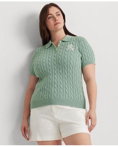 Lauren by Ralph Lauren Plus Size Cable-knit Polo Shirt - Green