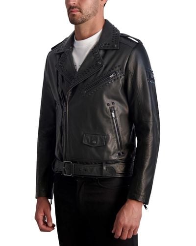 Karl Lagerfeld White Label Slim Fit Studded Leather Asymmetrical Zip Front Biker Jacket - Black