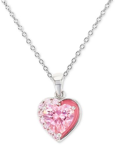 Macy's White Cubic Zirconia & Enamel Heart 18" Pendant Necklace - Pink